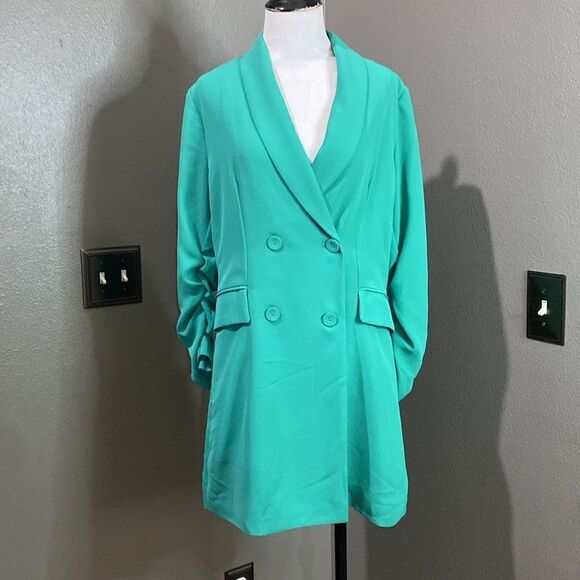 Skies are blue NWT Double Breasted Long Length Blazer Shirred Sleeves Mint - Picture 1 of 11